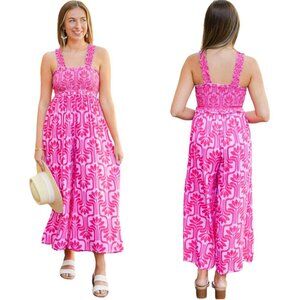 Entro Patterned Smocked Wide Leg Jumpsuit Women's Medium Pink Purple Comfy Boho